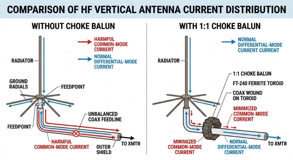 eliminate common mode current by a choke balun in an antenna system