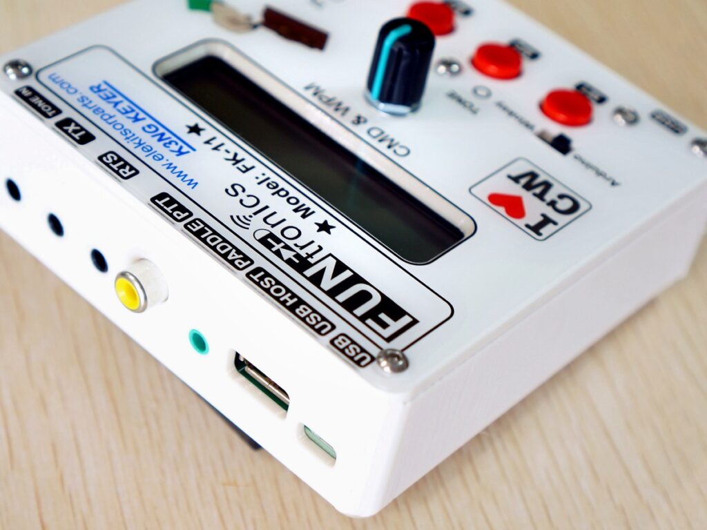 Funtronics FK-11 K3NG CW keyer angled view showing front controls and side ports
