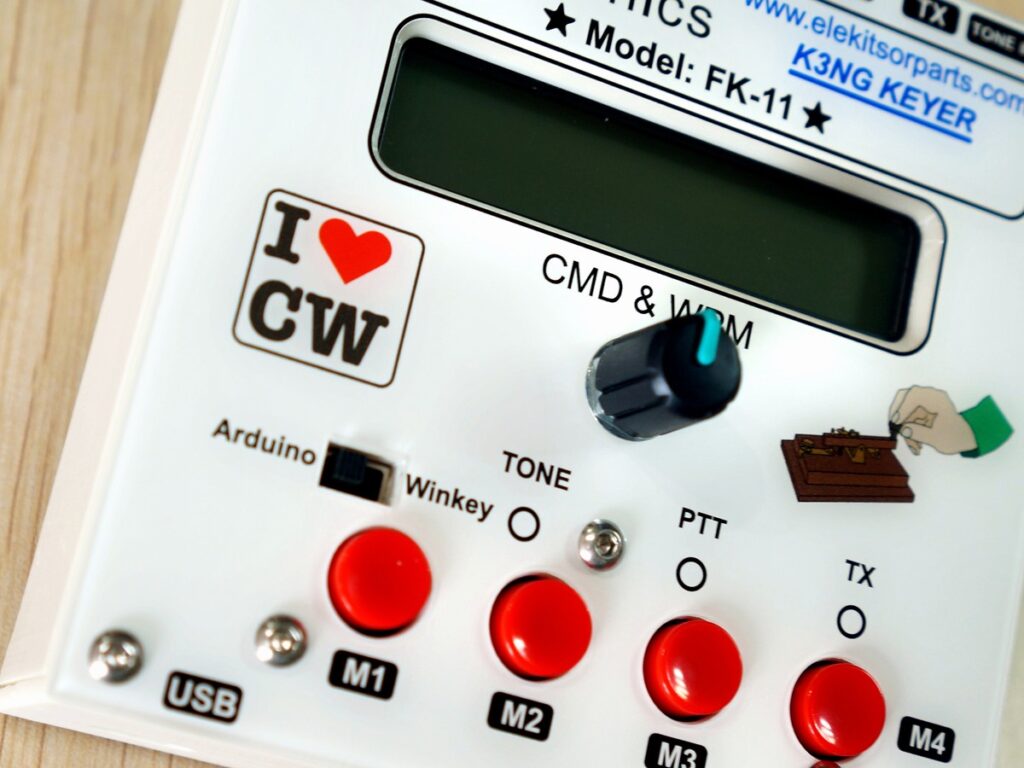 Funtronics FK-11 K3NG CW keyer close-up of display, knob, and memory buttons