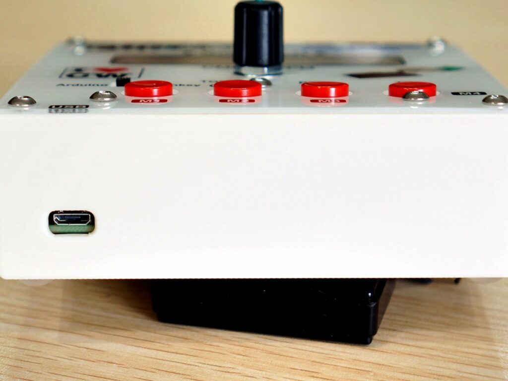 Funtronics FK-11 K3NG CW keyer low front view with USB-C port and red buttons