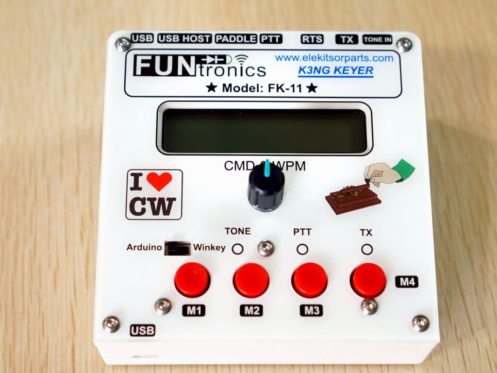 Funtronics FK-11 K3NG CW keyer front panel with display, knob, and four red buttons