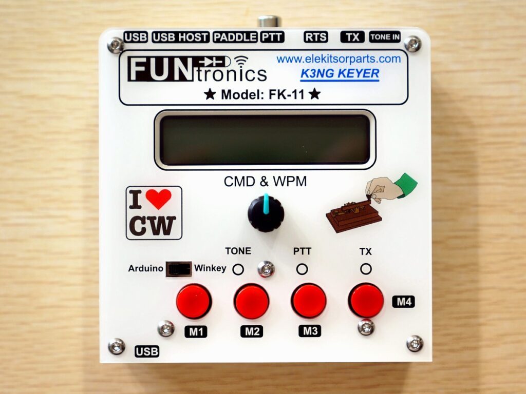 Funtronics FK-11 K3NG CW keyer top view with front panel controls and labeling