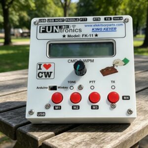 Funtronics K3NG Keyer FK-11 front panel with red memory buttons on an outdoor table