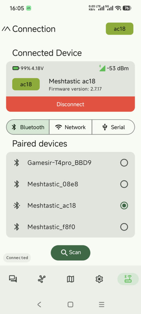 Meshtastic app connected to node via Bluetooth