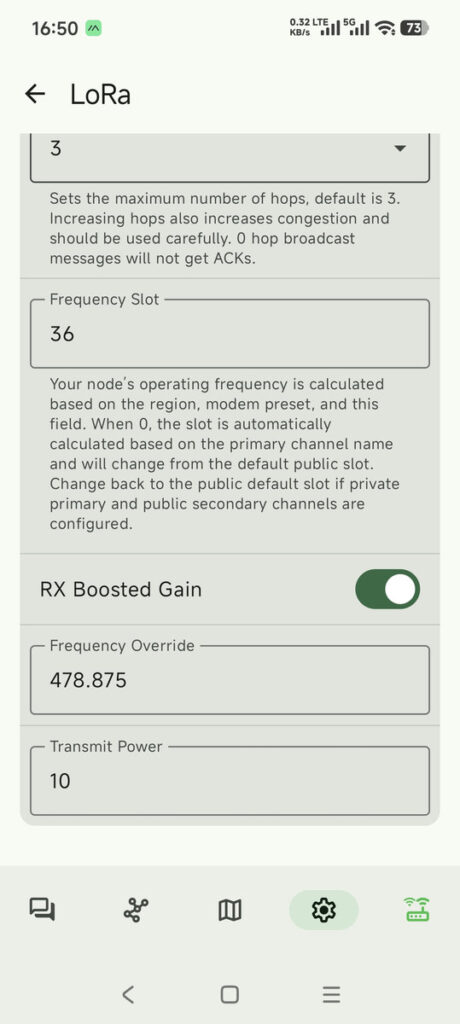 LoRa frequency settings in Meshtastic app