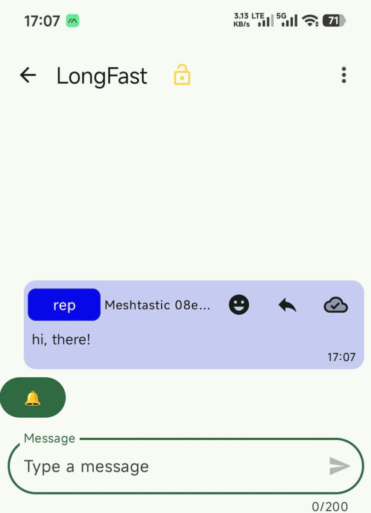 Meshtastic app receiving test message between two nodes