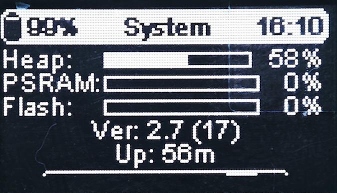 Meshtastic node OLED system info screen showing memory usage, firmware version, and uptime