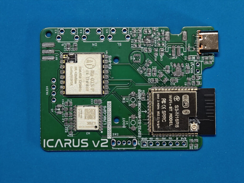 Icarus‑v2 Meshtastic PCB with solder paste applied