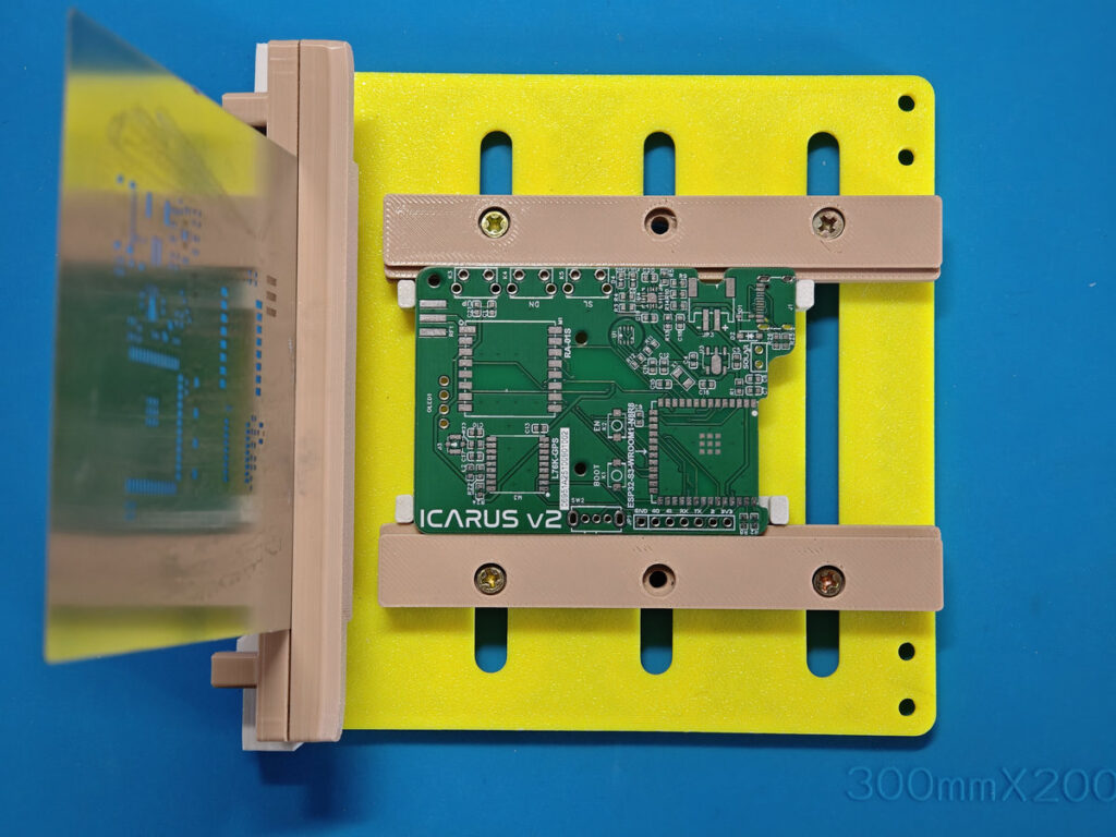 PCB installed on a 3d printed frame ready for solder paste screening