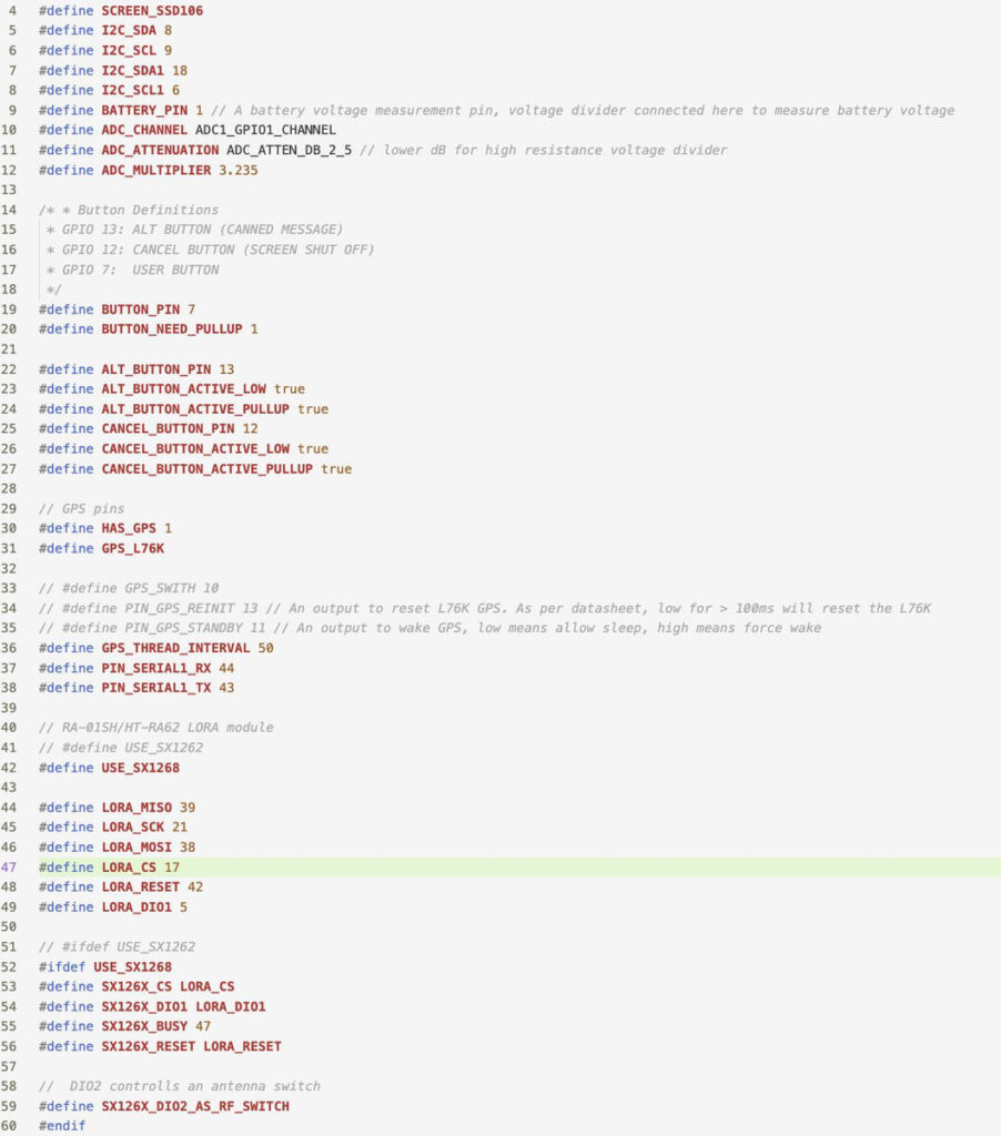variant.h file defining GPIO pins for Meshtastic node peripherals
