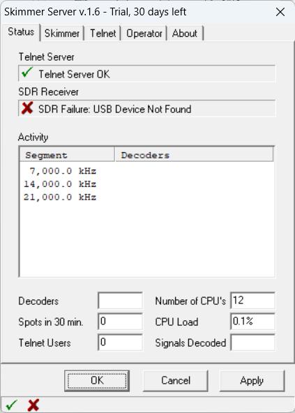 cw skimmer server status sdr failure