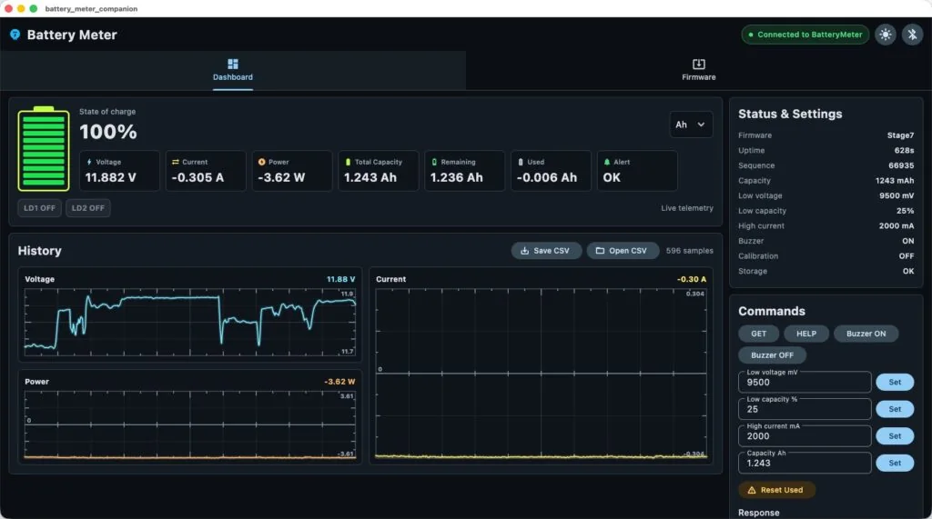 Flutter companion app dashboard connected to BatteryMeter over BLE, showing battery status, telemetry graphs, settings, and commands.