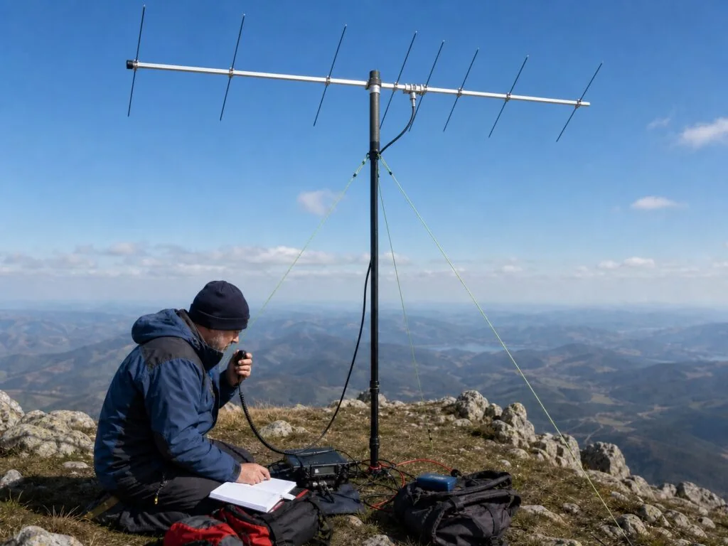 A ham radio operator on a mountain summit uses a handheld microphone beside a portable transceiver, battery pack, logbook, backpack, and guyed VHF/UHF dual-band Yagi antenna mast with slanted elements.