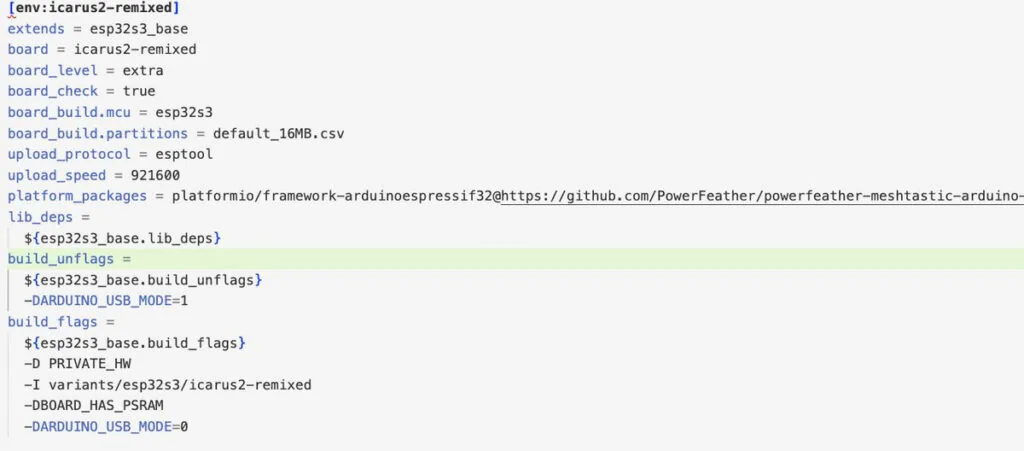 platformio.ini configuration for compiling custom Meshtastic firmware