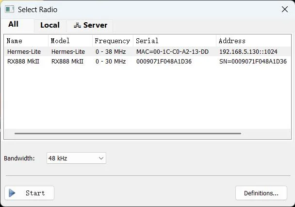 sdr console radio select hermeslite2