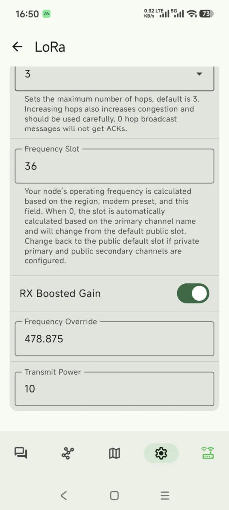 LoRa frequency settings in Meshtastic app