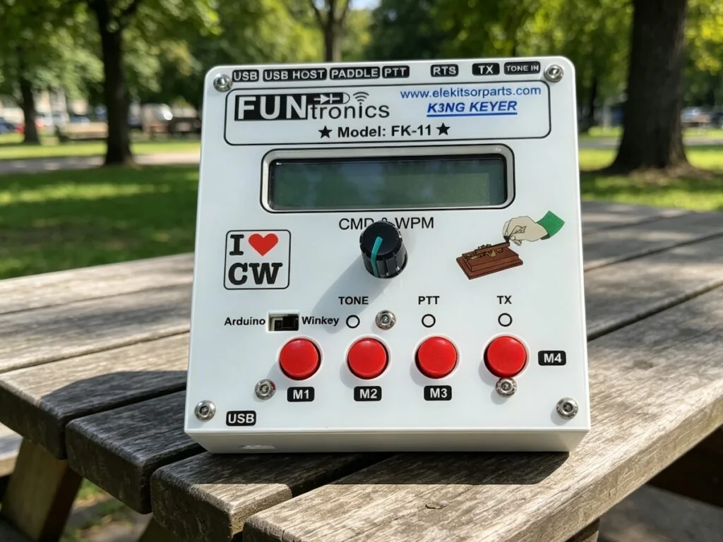 Funtronics K3NG Keyer FK-11 front panel with red memory buttons on an outdoor table