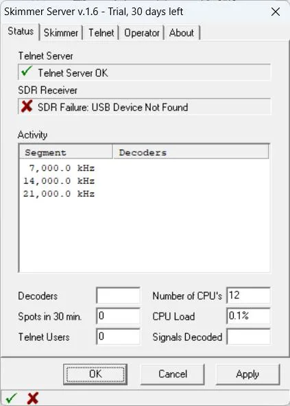 cw skimmer server status sdr failure