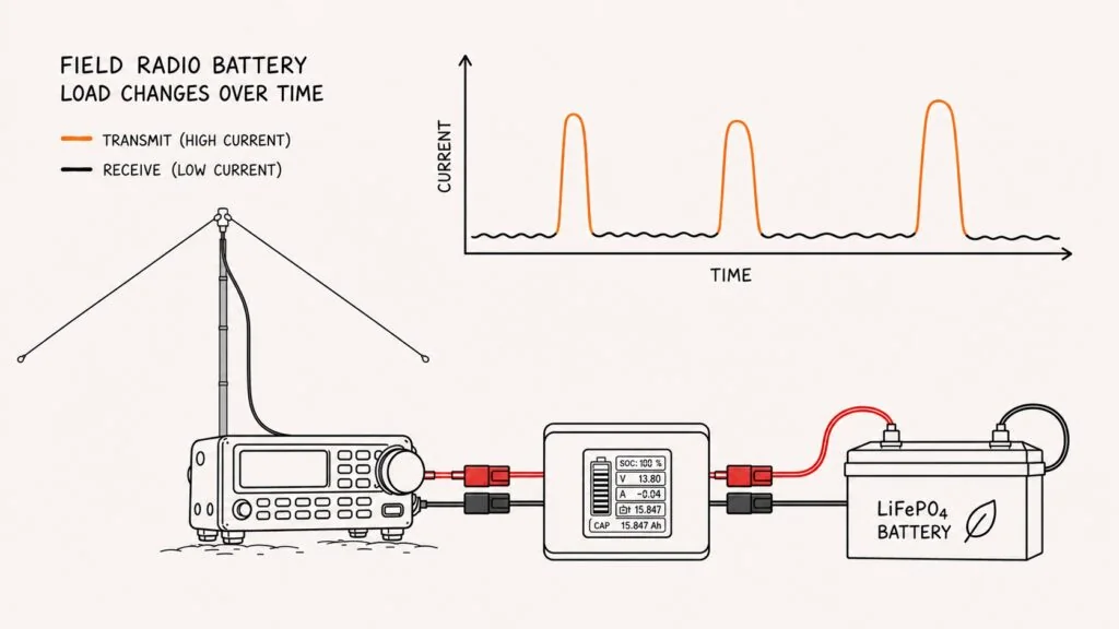 Line-art diagram showing an HF radio connected by feedline to a large field inverted-V dipole, a front-view battery meter based on the real build, and a LiFePO4 battery connected by red and black DC power wires with Anderson Powerpole-style connector pairs, with a current-over-time graph where transmit periods create higher current peaks.