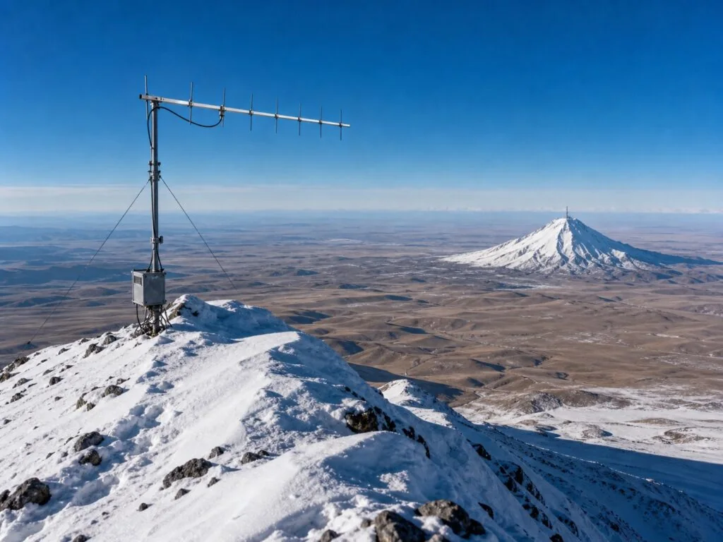 A snowy high mountain radio station with a compact 70 cm ham-radio Yagi antenna looks across a wide plain toward a distant snow-covered summit.