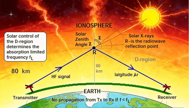 A technical diagram showing an HF signal path reflecting from the ionosphere between a transmitter and receiver on Earth.