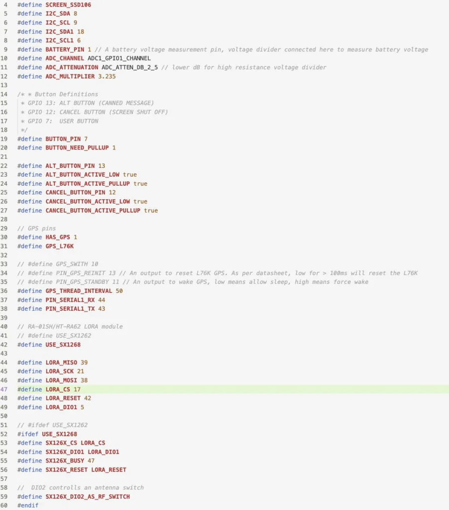 variant.h file defining GPIO pins for Meshtastic node peripherals