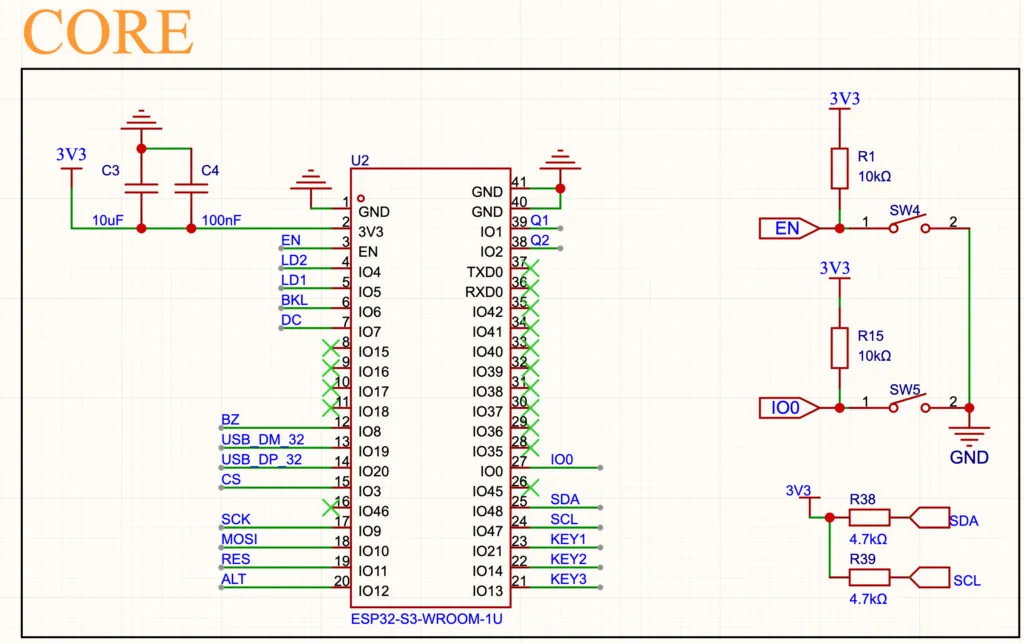Close-up of the schematic core section showing the ESP32-S3 module, reset and boot buttons, and I2C pull-up resistors.