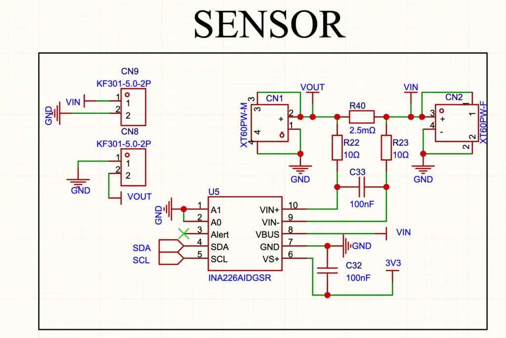Close-up of the schematic sensor section showing the INA226, shunt resistor, input and output connectors, and I2C lines.