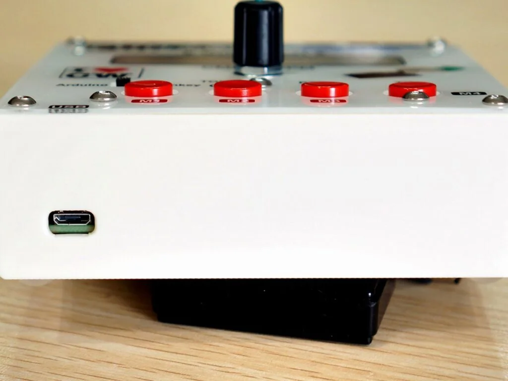 Funtronics FK-11 K3NG CW keyer low front view with USB-C port and red buttons